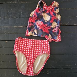 Lime Ricki Women's XS Red Floral and Checkered Two-Piece Swimsuit Bikini Gingham